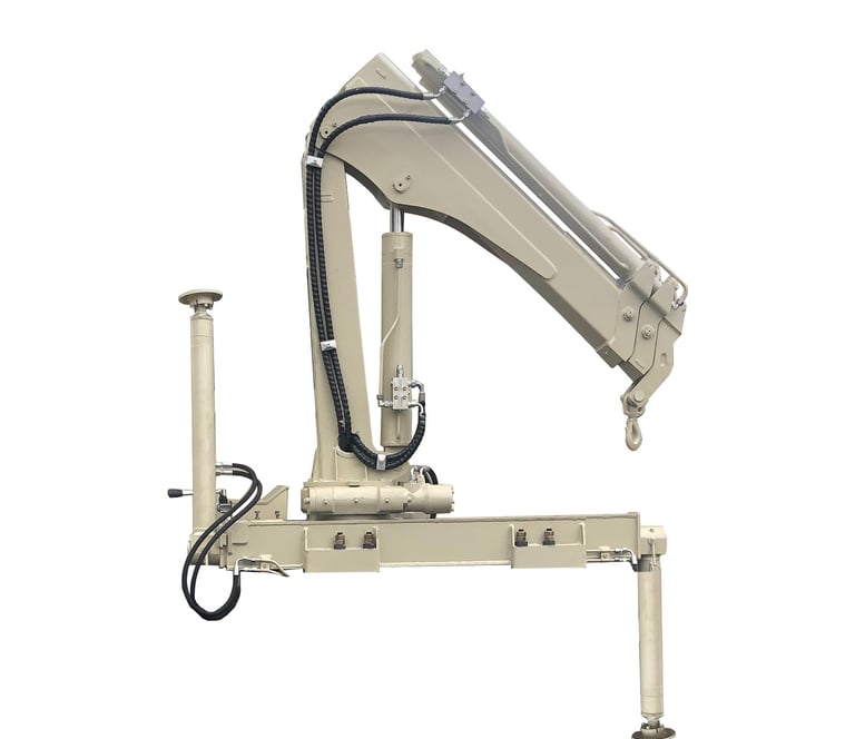 A 1-ton knuckle boom crane with a hydraulic arm and cylinder, used as a mini loader crane.