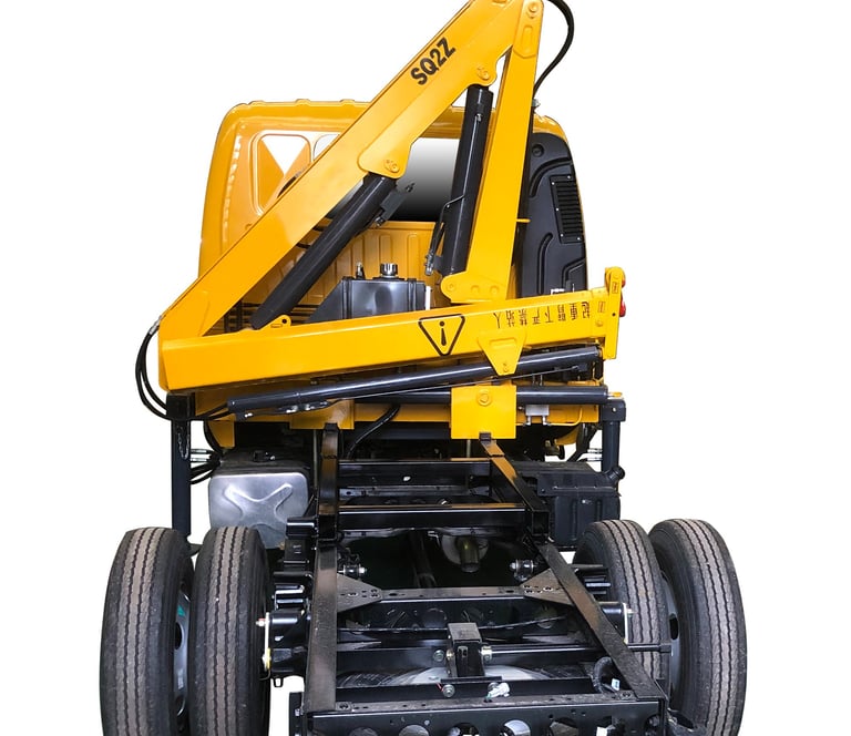 Yellow truck with 2 Ton Knuckle Boom Crane attached, capable of lifting 2,000 kg with a 5.1-meter reach.