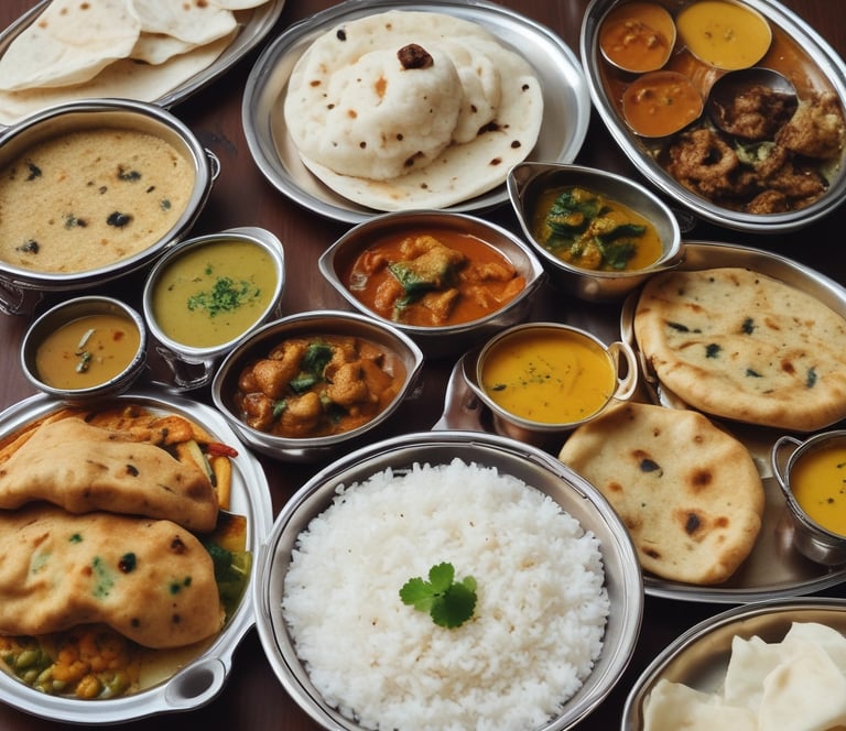 Traditional Indian thali with rice, curry, and naan bread