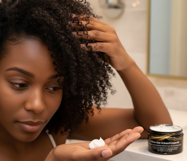black lady putting back2naturalness hair growth cream on hair 