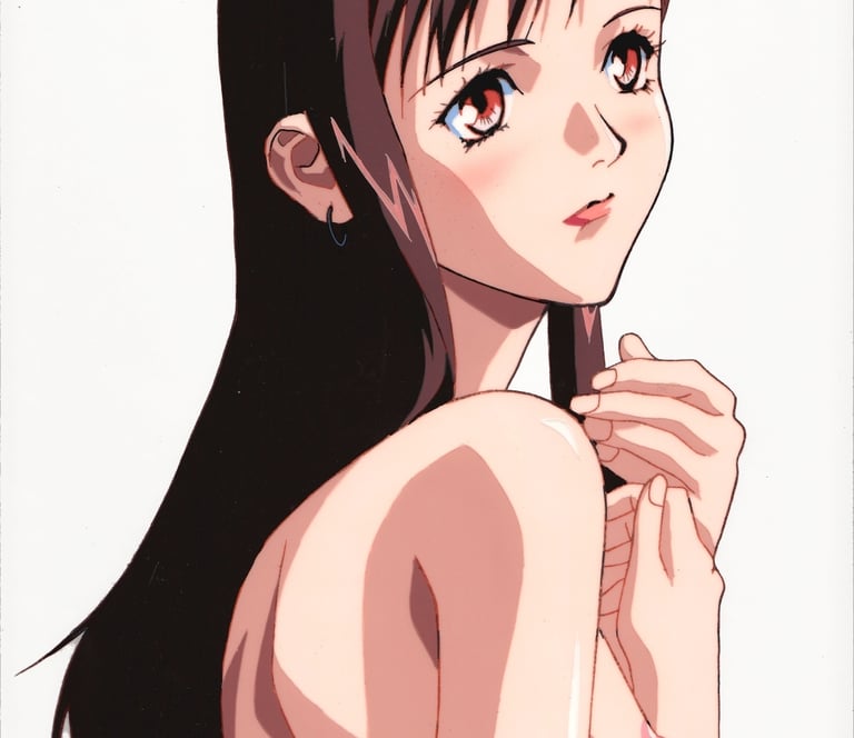 Animation cel of Sawa from Kite, an anime character with long brown hair and red eyes.
