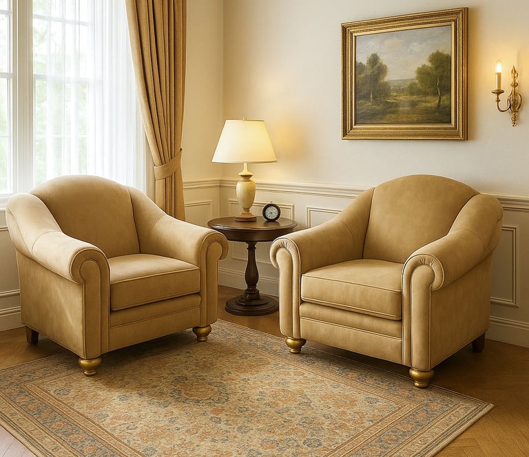 Pair of tan leather armchairs with rolled arms and wood feet, custom-designed by Solo Home Decor.