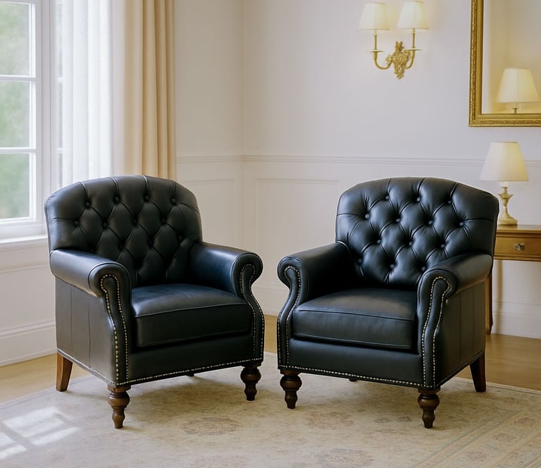 Two tufted black leather armchairs in a bright living room with soft drapes, sconces, and mirror.