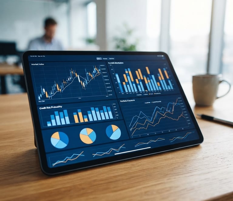 Close-up of a modern tablet displaying clean financial charts and credit risk analysis graphs on an office desk, bright natural daylight, professional blue tones