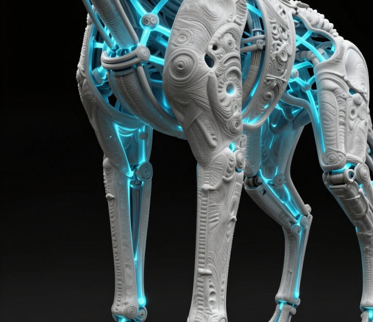 Close-up tight crop of a fully rigged quadruped creature in Maya viewport, cyan-blue joint chains glowing against deep black background, visible skinning deformation on limb joints, engine-preview volumetric lighting, technical viewport mode