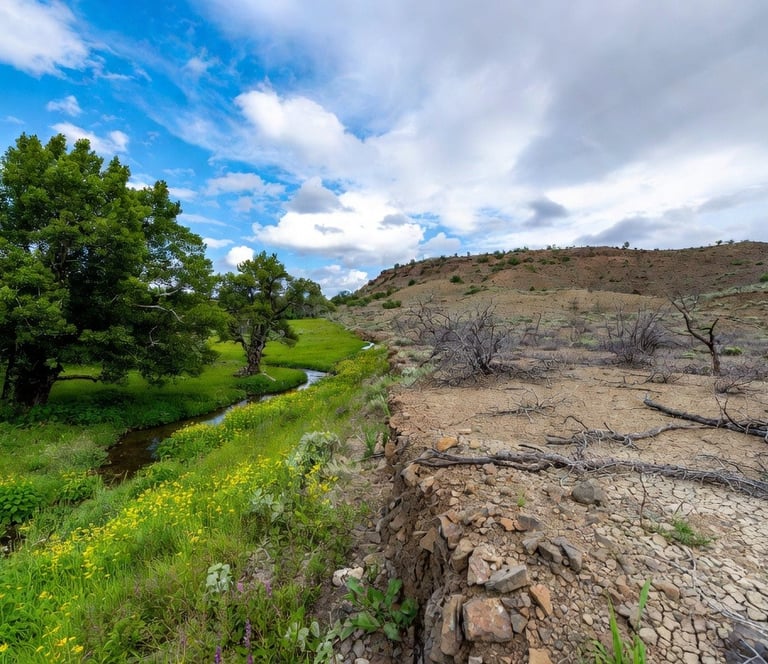 Landscape transitioning from lush green valley on the left to arid barren terrain on the right