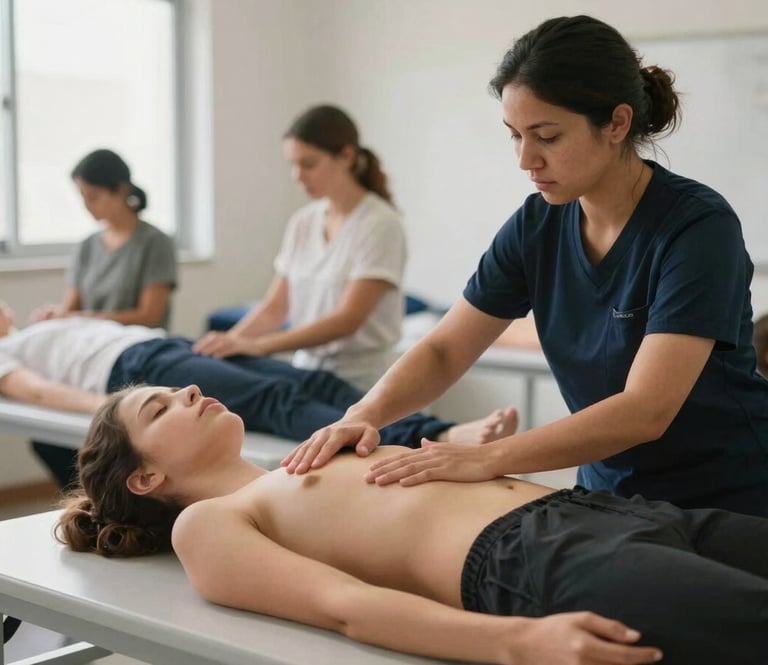 Estudantes de massoterapia praticando técnicas corporais sob supervisão em sala de aula iluminada por luz natural suave.