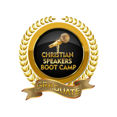 Gold Christian Speakers Boot Camp graduate emblem with a microphone and laurel wreath on a black background.