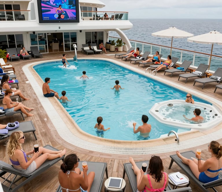 A joyful family enjoying a sunny day on the deck of a Carnival cruise ship with the ocean in the background.