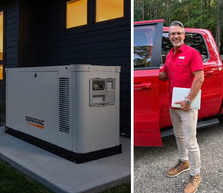 A home standby Generac generator next to a house with Brad Williams next to his truck 