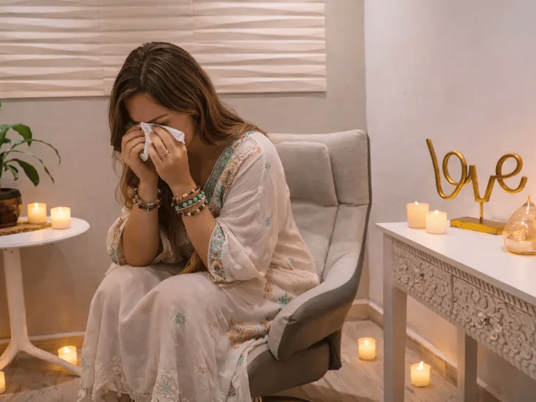 a woman in a chair with candles and candles