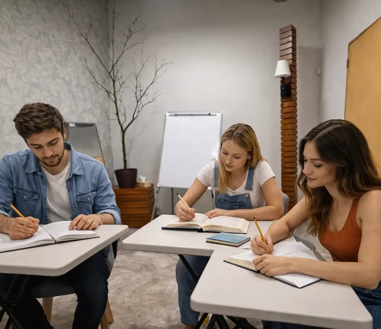 a man and woman sitting at a table with notebooks