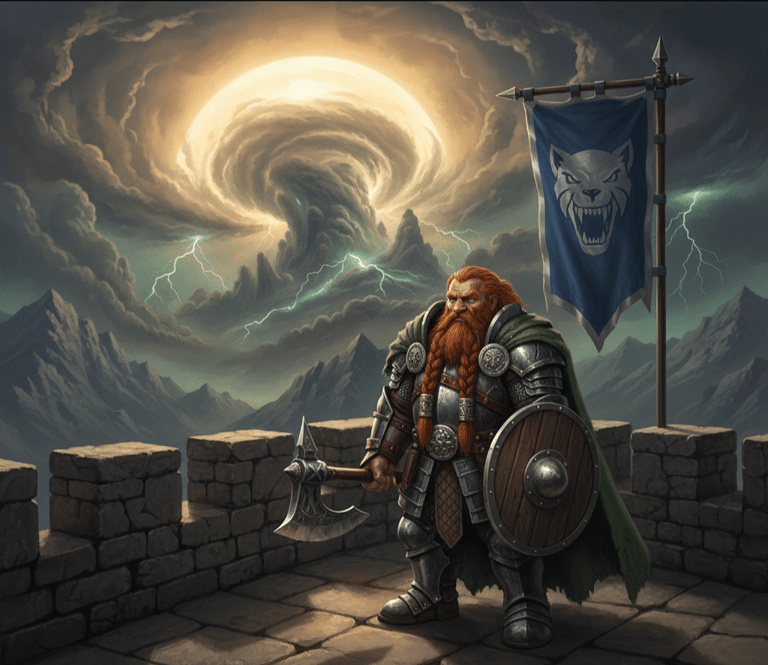 Dwarven Stonewatch, on the wall of Hammerdeep with the Shadow Storm raging in the background