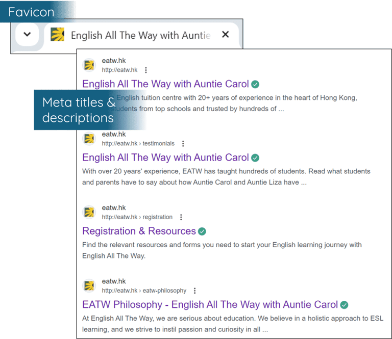 Screenshot of EATW favicon and updated meta titles and descriptions