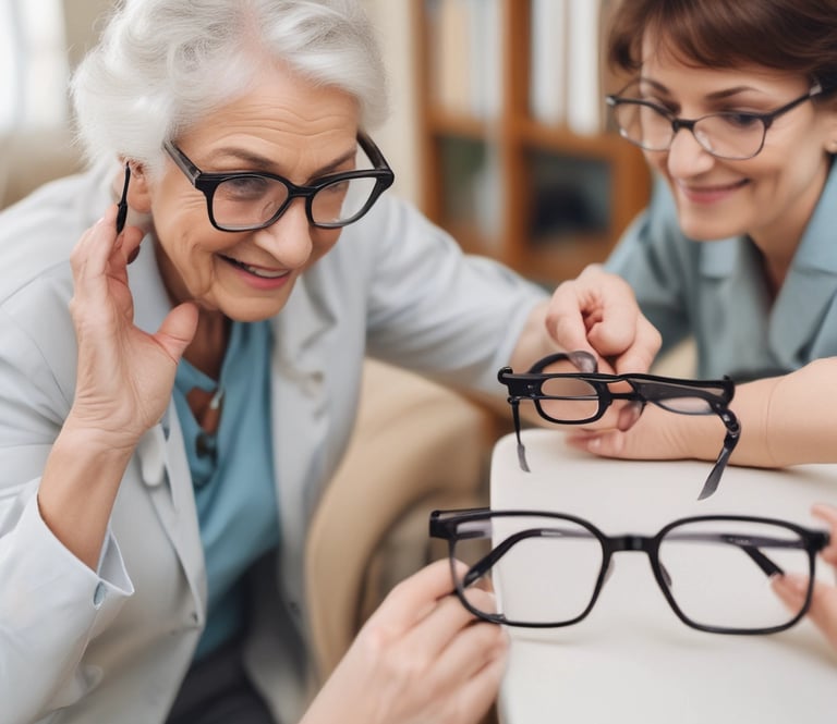A warm, elegant home setting with an optician fitting glasses for a smiling client.