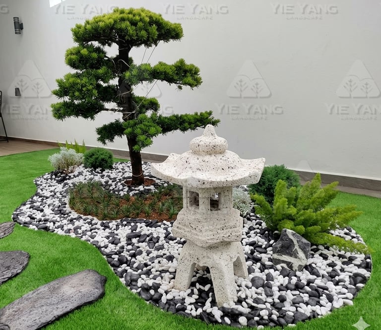 Indoor Japanese zen garden with bonsai pine and stone lantern – Yie Yang Landscape