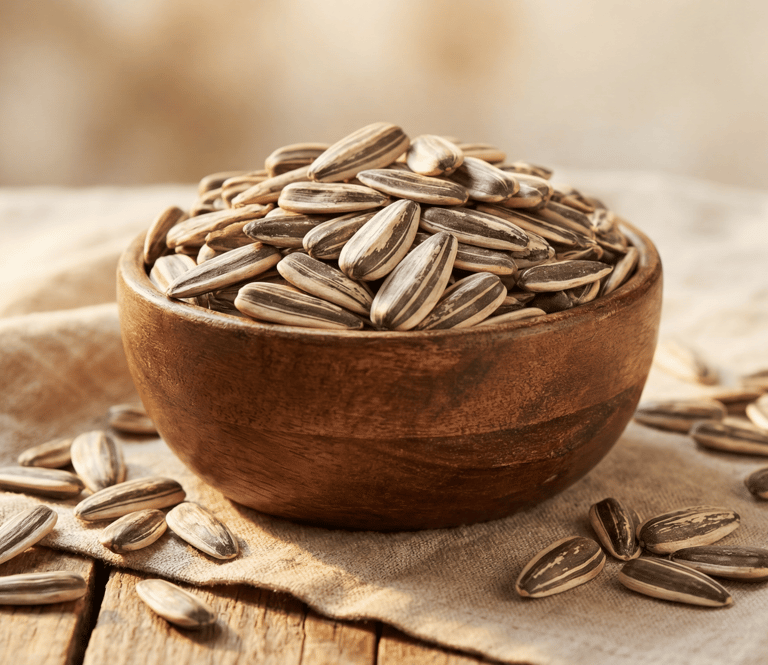 A wooden bowl filled with roasted striped sunflower seeds on a rustic linen cloth.