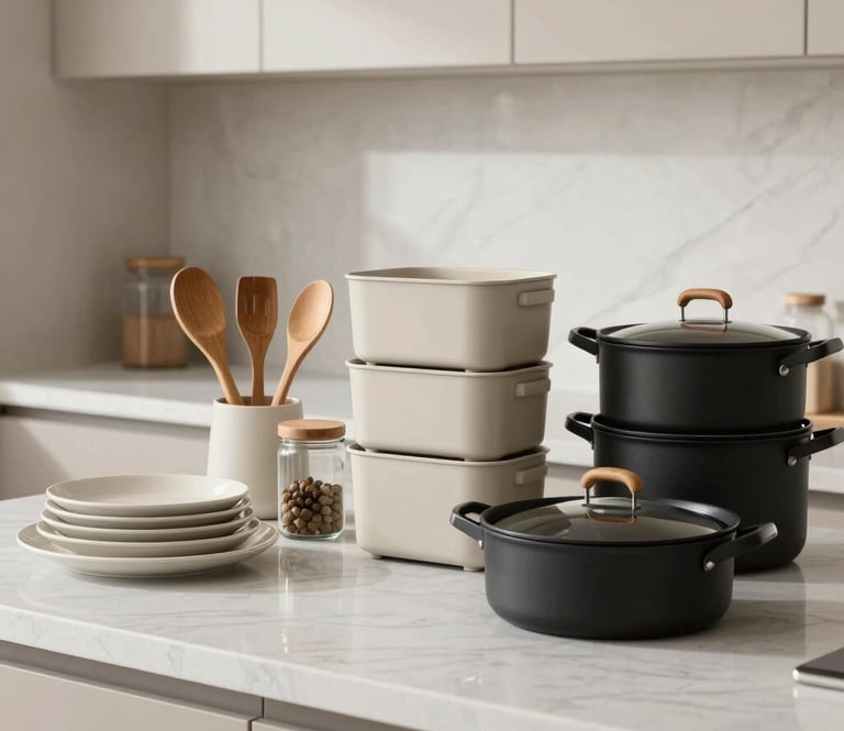 A sleek matte black kitchen utensil set arranged neatly on a white marble countertop under soft natural light.
