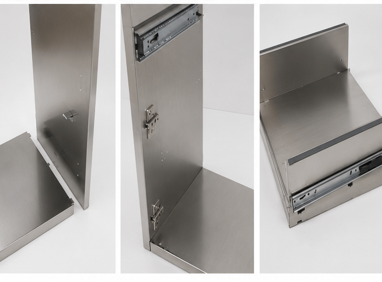 Stainless steel cabinet construction details with body panels, hardware, drawer slides, and drawer c
