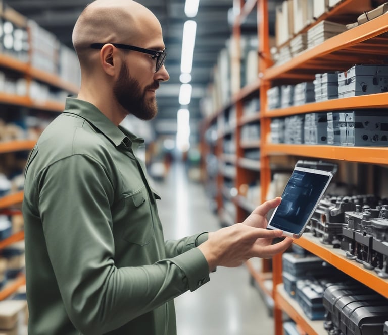 A technician reviewing a digital quote on a tablet in a busy machine shop.