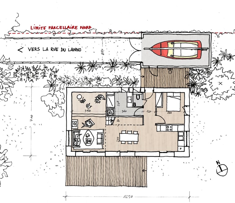 Plan de rez-de-chaussée à la main. Architecte Vannes