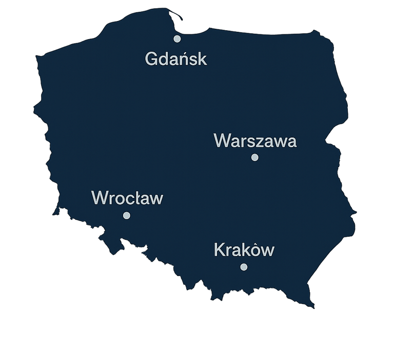 Mapa Polski z miastami Gdańsk, Warszawa, Kraków, Wrocław