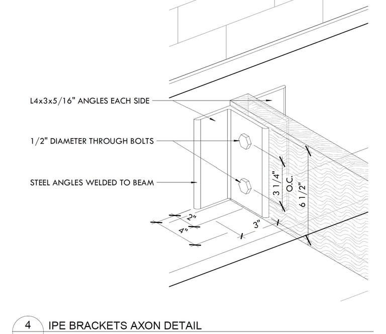 A construction detail drawing of wood-steel beam connection