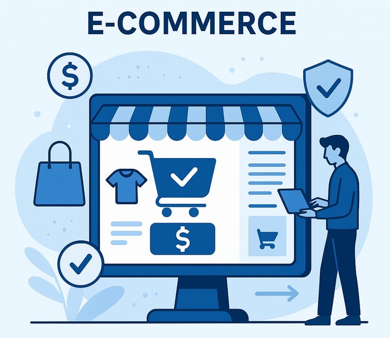 Ilustración sobre E-commerce que muestra una tienda virtual en un monitor con un carrito de compras, un cliente usando una la