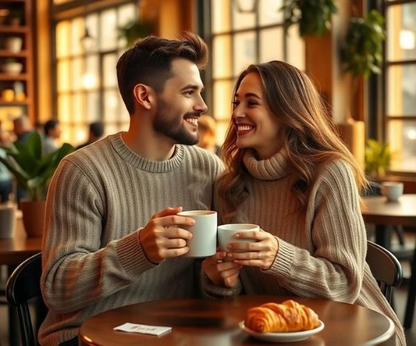 a man and woman sitting at a table with coffee
