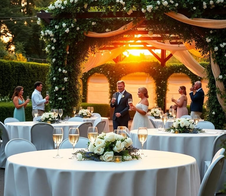 a wedding party with a couple of people standing around a table