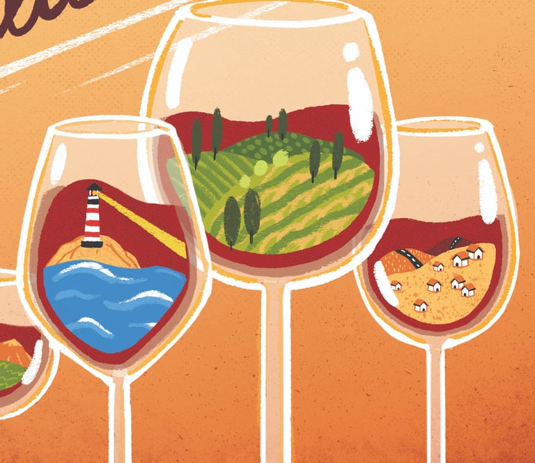 closeup of an illustration with wine glasses containing different landscapes inside