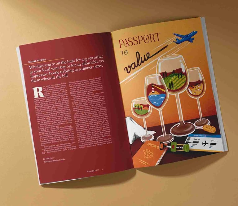 a magazine double spread of an illustration with wine glasses containing different landscapes inside