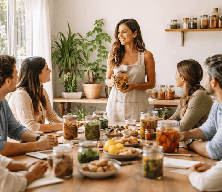Una mujer compartiendo un curso de fermentos a un grupo de personas. 