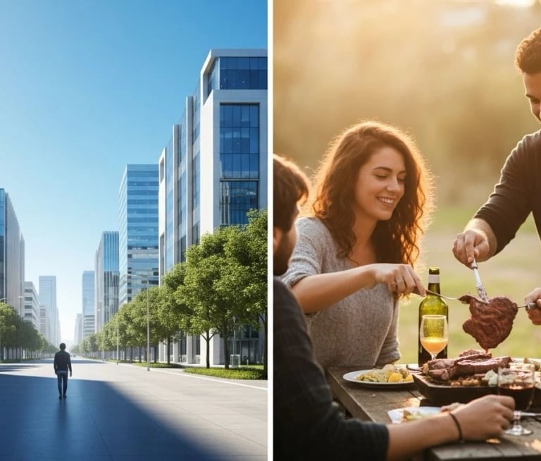a man and woman eating food in a city
