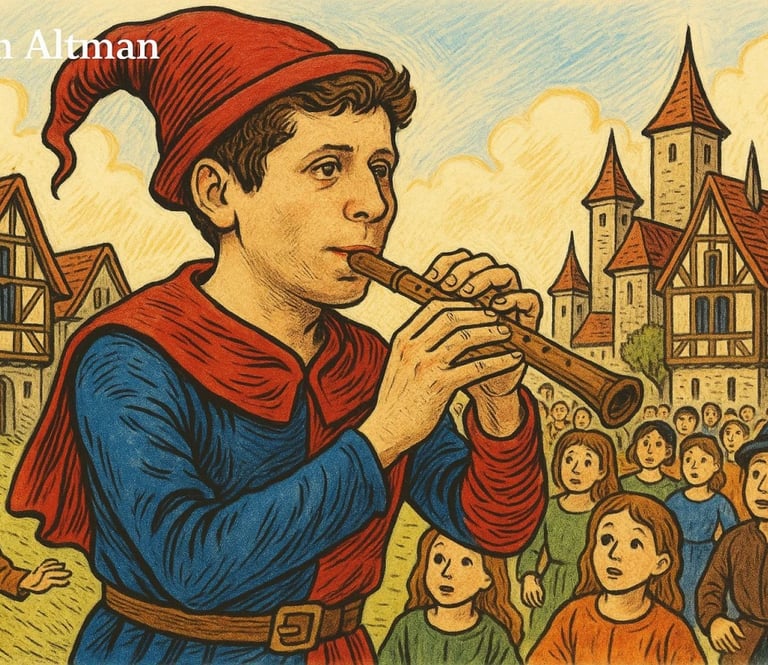 Sam Altman Flautista de Hamelín in a red hat playing a trumpet
