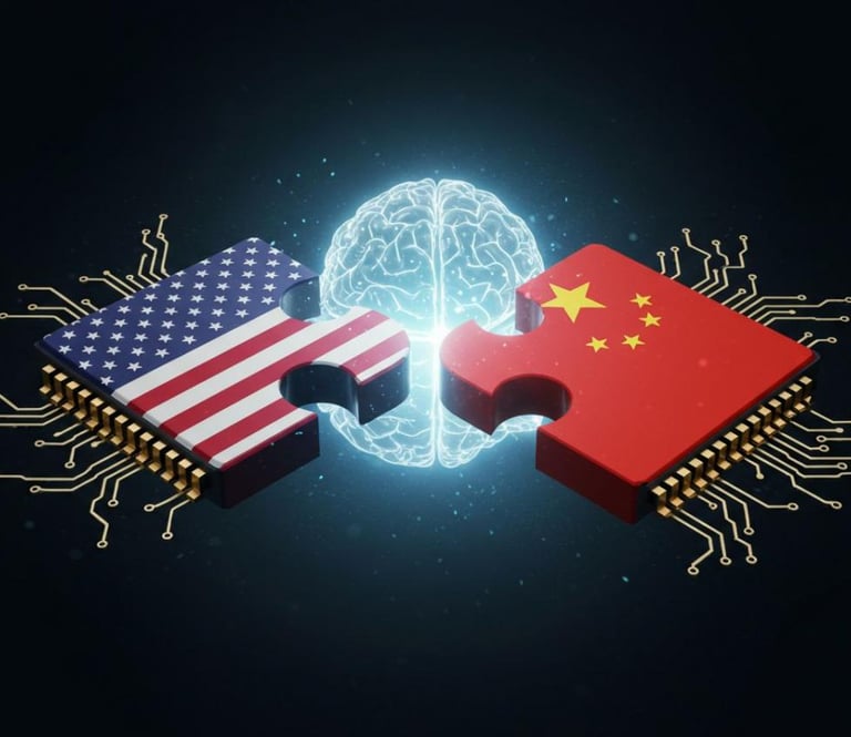 China versus USA a puzzle piece of puzzle pieces with a brain map of the world