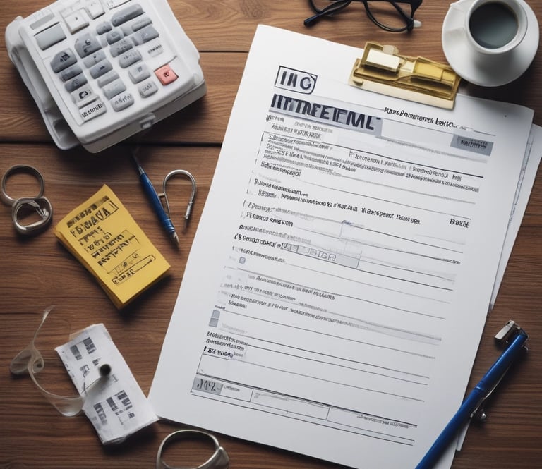 The scene includes a dimly lit workspace with a focus on tax-related documents, a pen, and a mug. The documents are prominently featured on the table, indicating a financial or tax preparation setting.