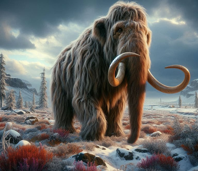 mammoth walking on reddish grass.