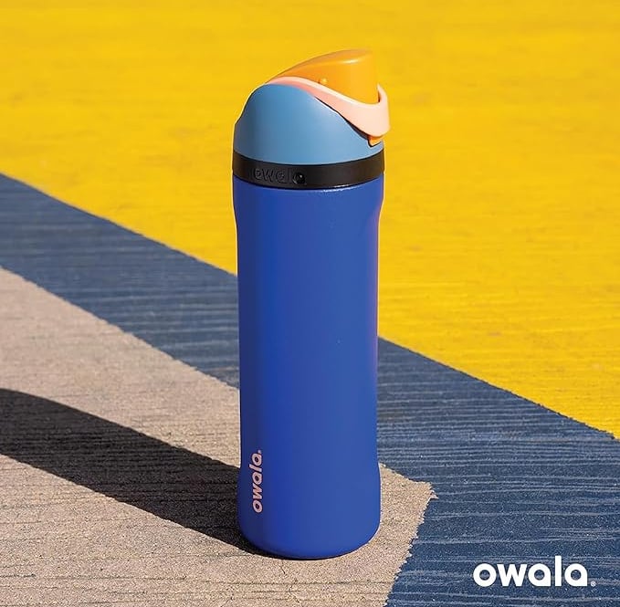 a blue and orange owala water bottle 
