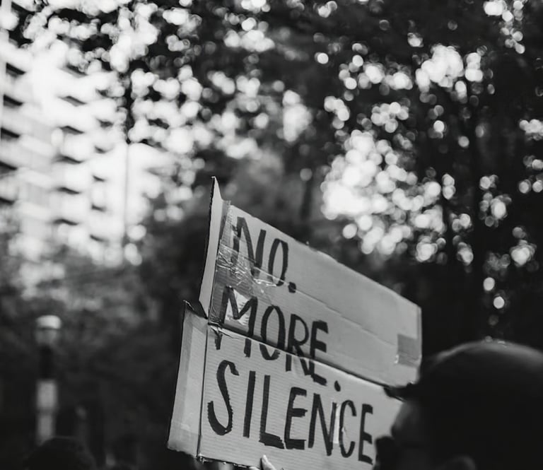 Una persona cargando un letrero con la frase "NO MORE SILENCE"