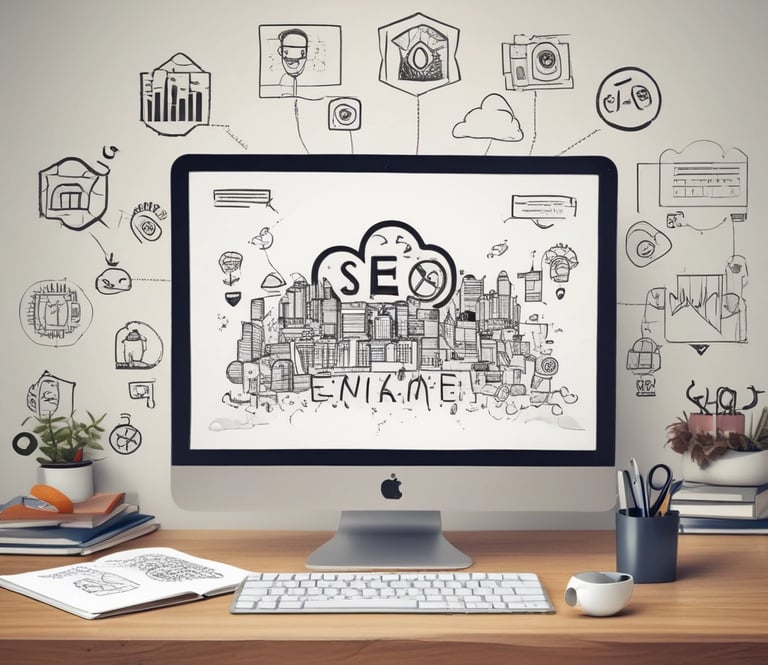 A professional workspace with a laptop and marketing notes.