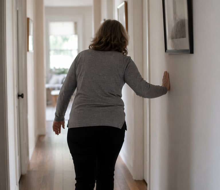 middle aged woman holding on the wall as she walks
