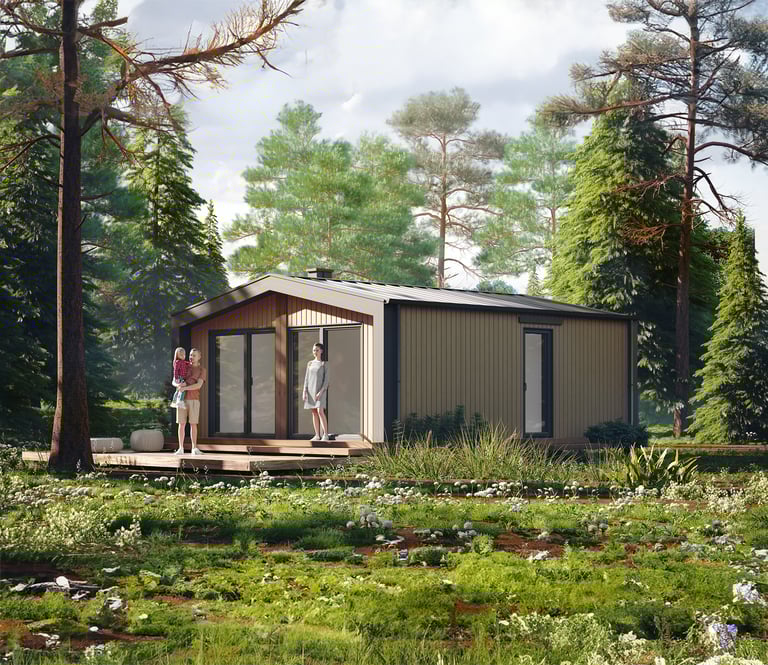 Energooszczędny dom modułowy parterowy o powierzchni poniżej 50 m² wykończony deską elewacyjną