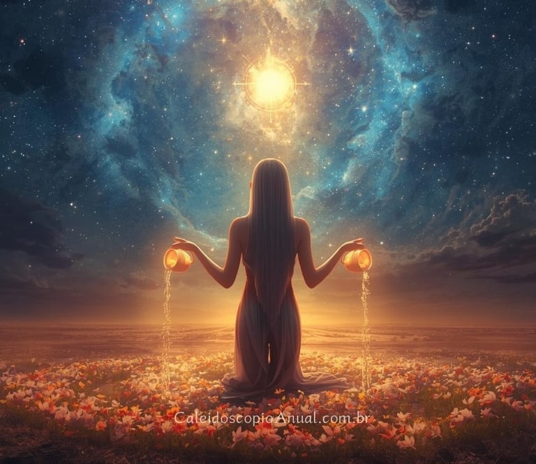 Bela mulher sob um magnífico céu estrelado, derramando água brilhante de dois jarros celestiais