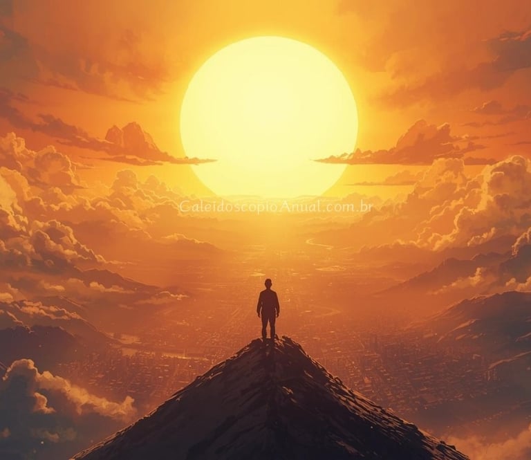 Um homem em pé no topo de uma montanha com um pôr do Sol