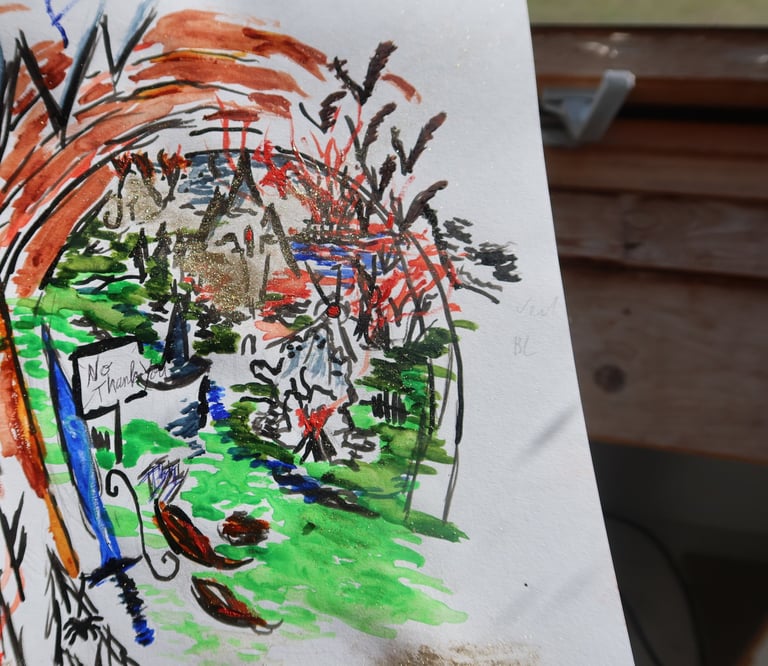 Aquarelle représentant un trou douillet avec une épée magique, collines, un dragon et des aigles.