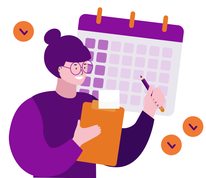 a woman holding a clipboard with a calendar and a pen
