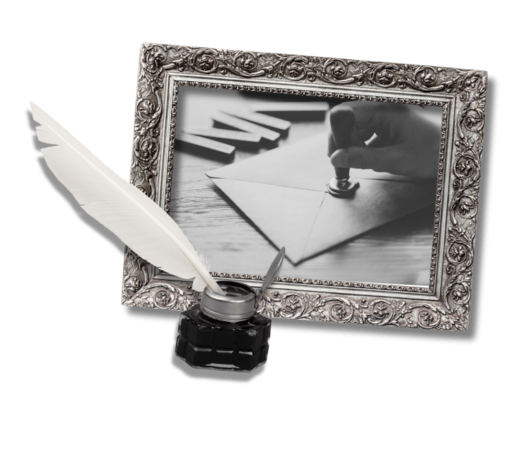 Feather, ink, antique picture frame, picture wax seal being applied to envelope