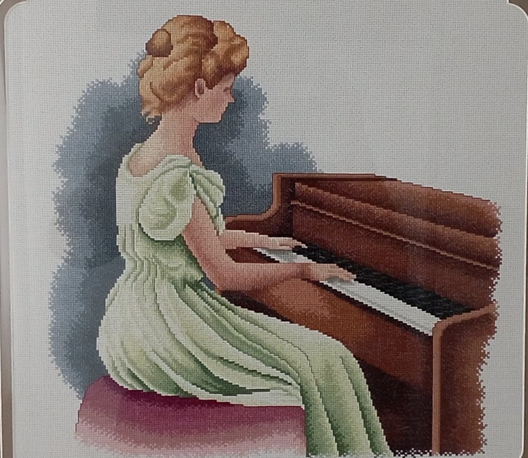 a painting of a woman playing the piano