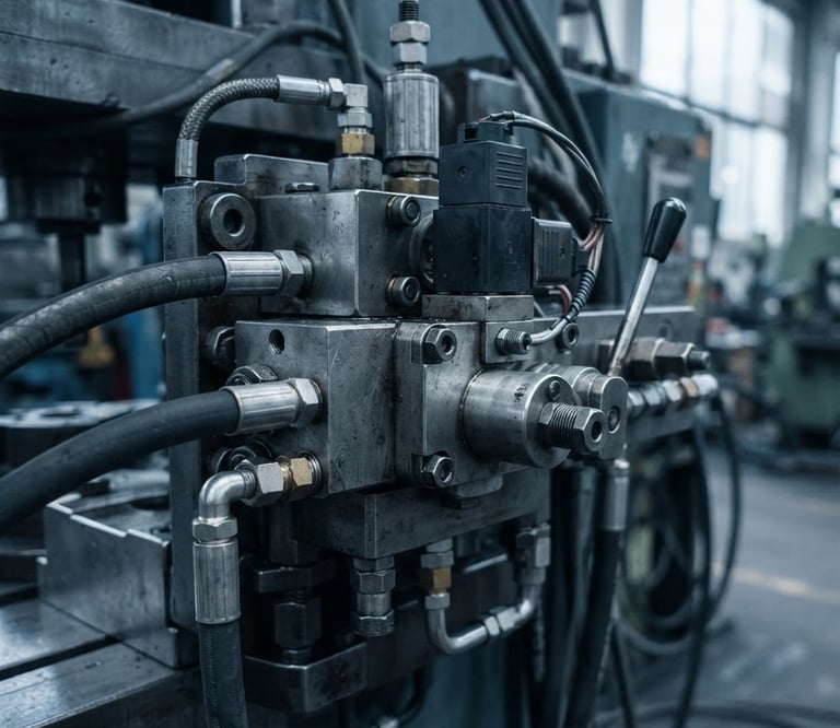 Close-up of a heavy industrial hydraulic press valve, technical steel components with sharp focus, cool daylight, desaturated blue tones, 50mm